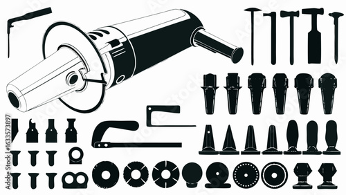 Illustration of a die grinder tool with various attachments and accessories in black and white style silhouette