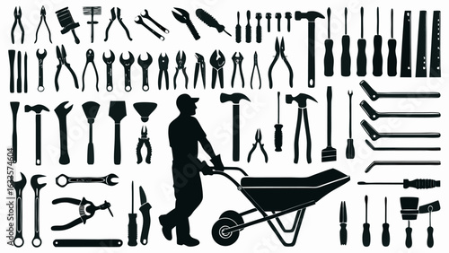 Illustration of a handyman pushing a wheelbarrow surrounded by various tools in black silhouette style