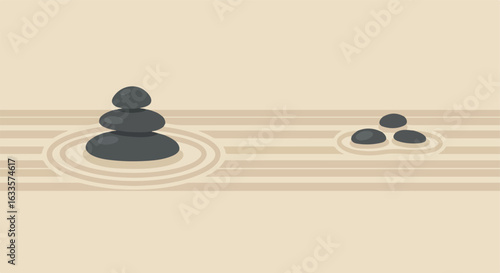 Zen garden illustration with stacked stones and raked sand design
