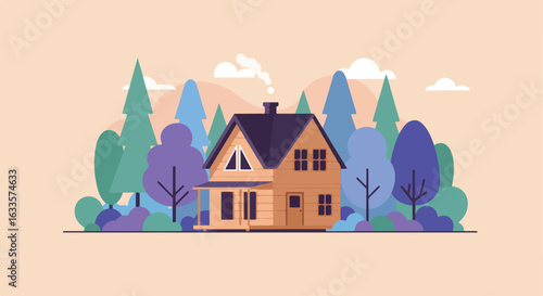 A-frame home nestled among stylized trees and clouds, smoke rising from chimney