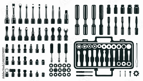 Illustration of a tool kit with various tools including screwdrivers sockets and gears arranged neatly silhouette