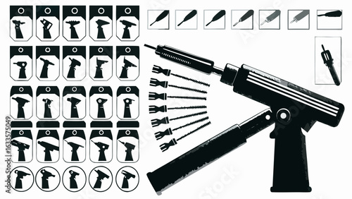 Illustrations of various tool designs including a staple gun and different screwdriver types depicted silhouette