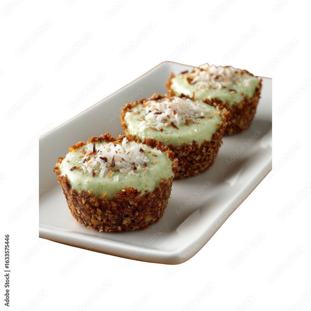 Delicious Coconut and Matcha Green Tea Mini Cheesecakes on White Plate Delicious Coconut and Matcha Green Tea Mini Cheesecakes on White Plate