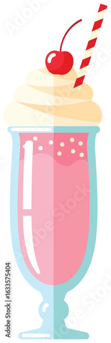 Delicious pink milkshake in a tall glass topped with whipped cream and cherry, served with a striped straw for a sweet treat look