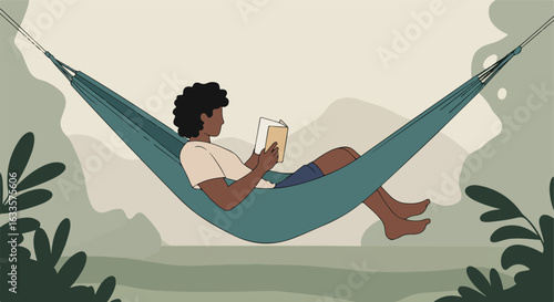 Person in hammock reading with plants background, soft tones, stylized