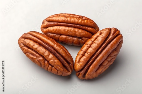 Three shelled pecans with rich brown skin and visible ridges on a light gray background