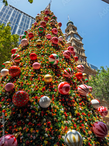 Canvas Print Giant Christmas tree standing tall in Sydney, Australia, adorned with colorful o