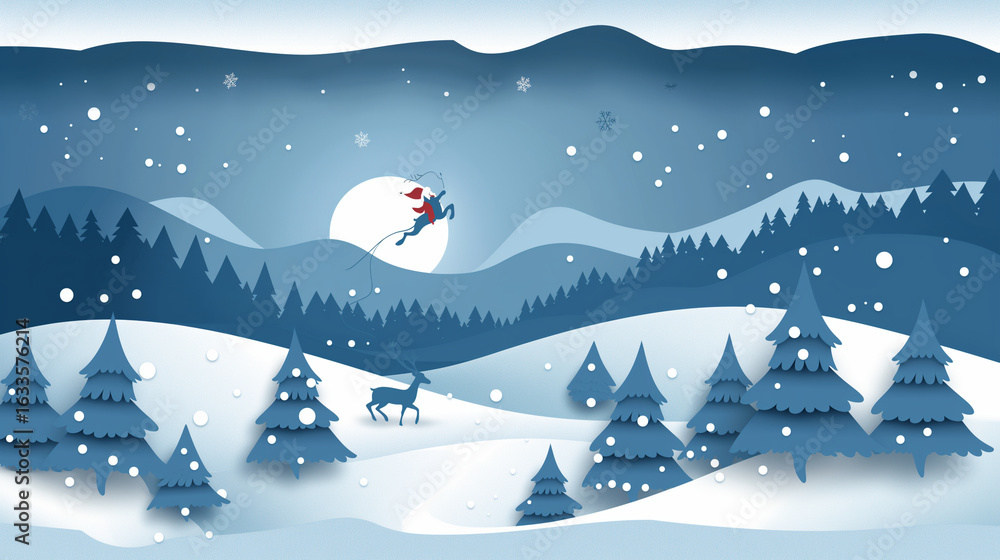 Fototapeta premium Winter landscape with Santa Claus jumping over snowy mountains