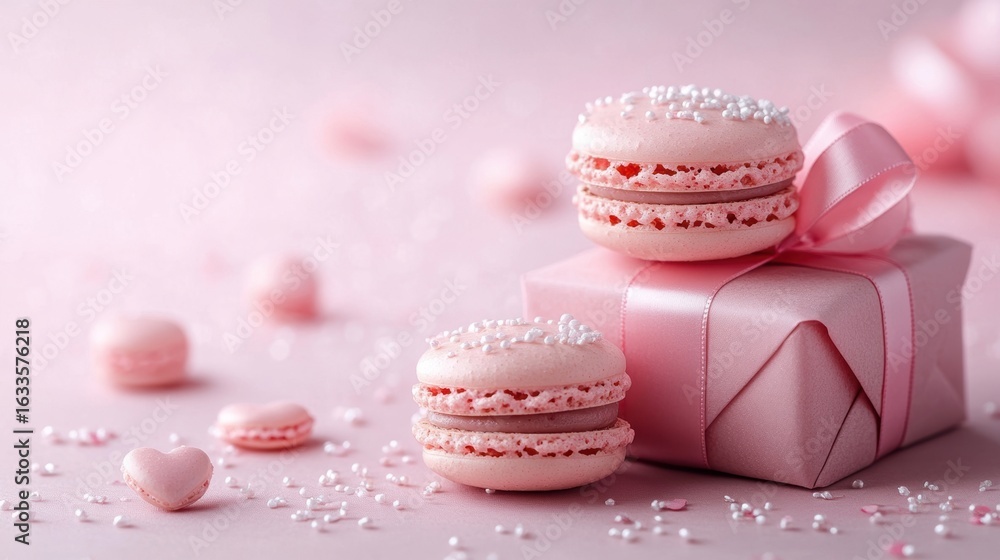 Fototapeta premium Macarons in heart shape in gift box isolated on pink background,events,aniversary festival gift set,french macaron cookies,trendy 2025,couple valentine Romantic love or pastry shop.
