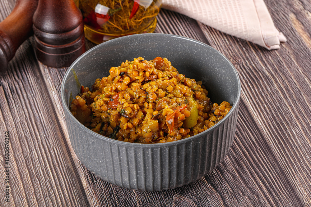 Fototapeta premium Vegan garnish - lentil with vegetables