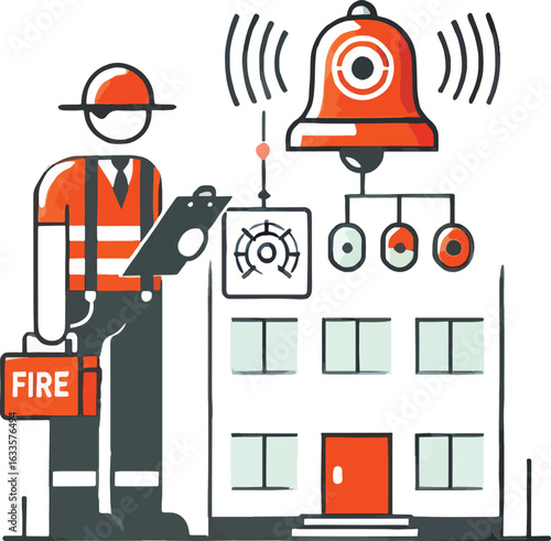 Firefighter inspects building with alarm system inspection