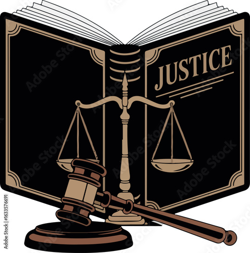 Symbolic Representation of Justice Through Legal Imagery Featuring Scales Gavel and Law Book Depicting Law and Order