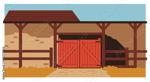 Cartoon barn scene with closed red doors under a roofed structure