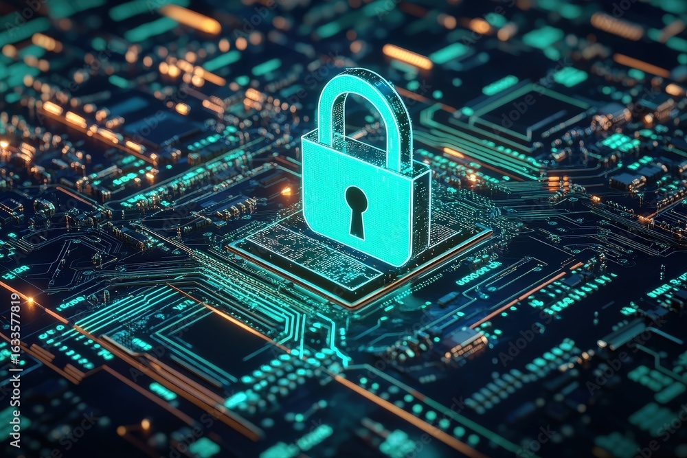 Fototapeta premium Digital lock icon displayed on a circuit board.
