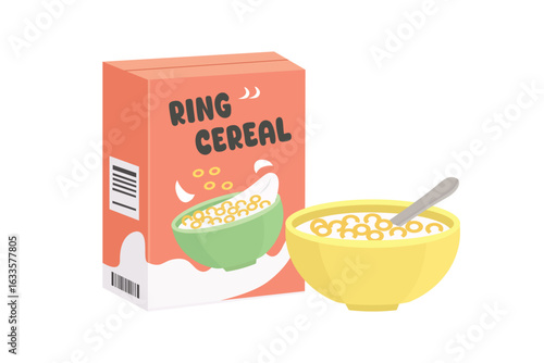 A bowl of cereal with milk. Box of ring cereal. Breakfast foods. Crunchy cereal.