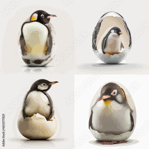 Close-up  shot shows four different stages of penguin chicks hatching from eggs.  Each chick is positioned within its shell, showcasing the fragility and wonder of birth.