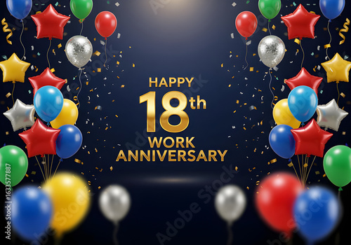 Celebrate a happy 18th work anniversary with balloons, confetti, and a cheerful message.