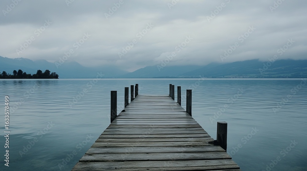 Obraz premium Tranquil wooden dock extends into a serene lake under a hazy sky