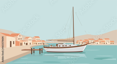 Sailboat docked by a rustic village with peach buildings and blue water