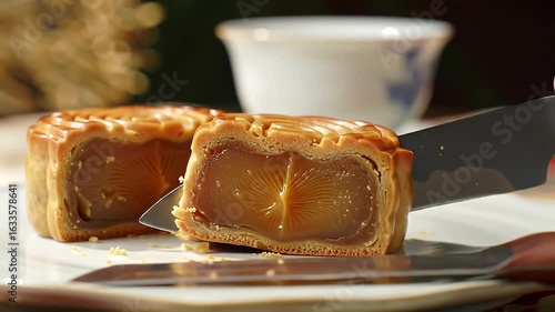 Close-up of Traditional Mooncake Being Sliced to Reveal Delicious Filling