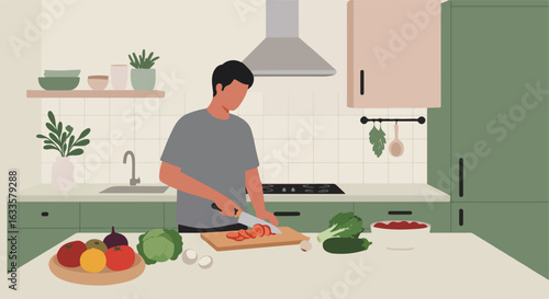 Man slicing tomatoes in a modern kitchen with muted green cabinets and fresh produce