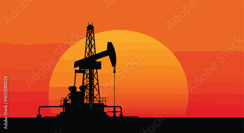 Pumpjack silhouette against orange sky & sun