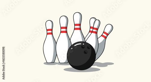 Cartoonish bowling pins with red stripes, and a bowling ball