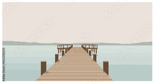 Dock stretching into calm water under a muted sky, simplistic illustration