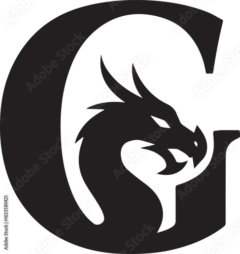 Black dragon head within a bold letter G mythical creature fantasy