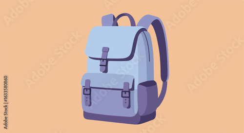 Light blue backpack with buckles and straps on a peach background
