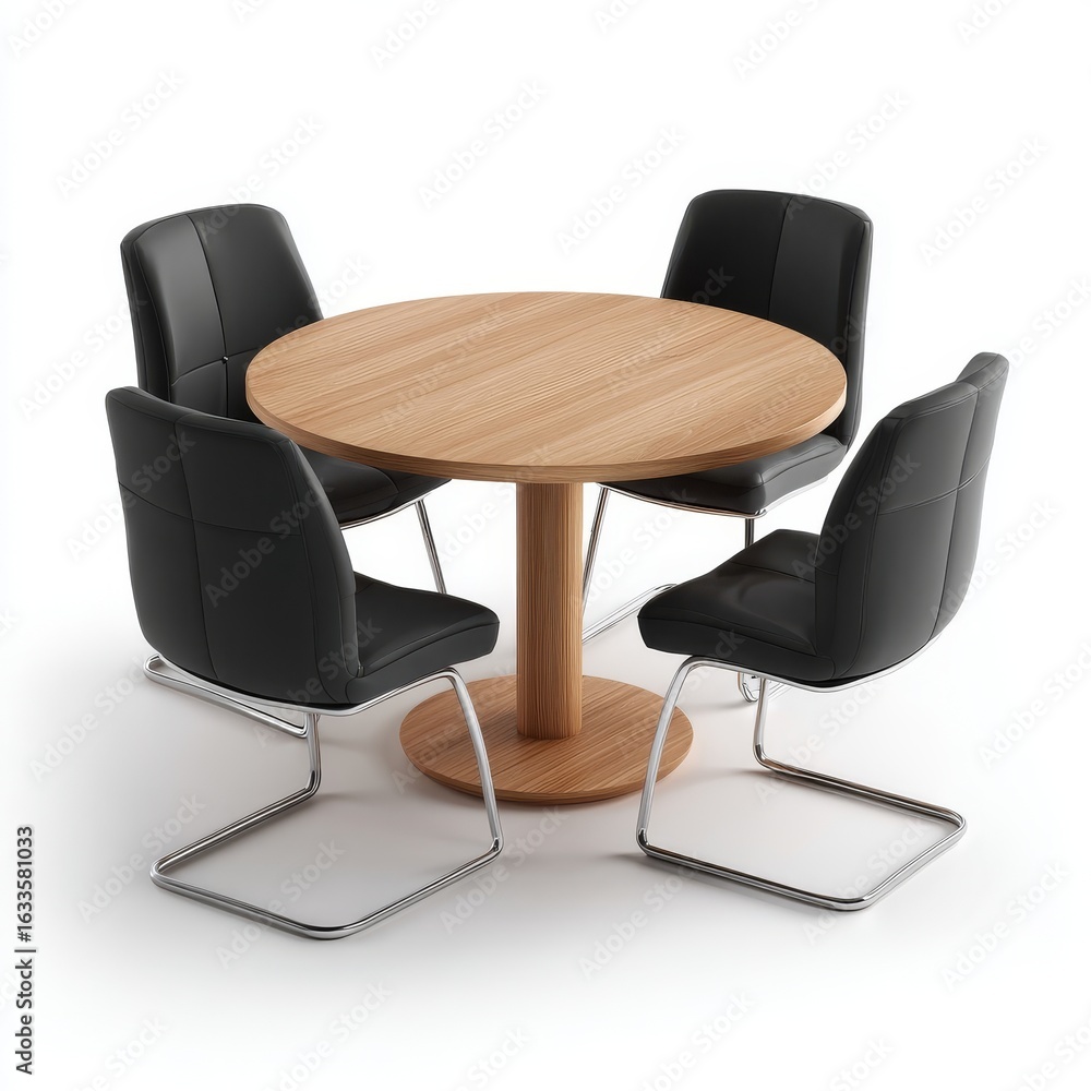 Obraz premium Modern minimalist dining table with four black chairs, showcasing a clean and functional design. The wooden table and sleek chairs create a harmonious and stylish atmosphere