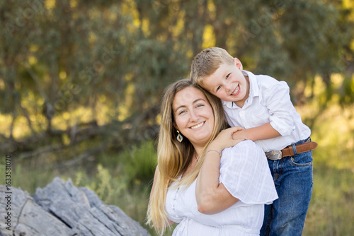 Mother and son portrait in rural Australian bush setting