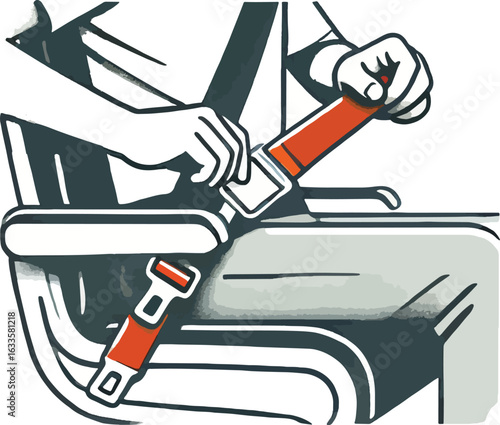 Person fastening seatbelt in airplane seat safety