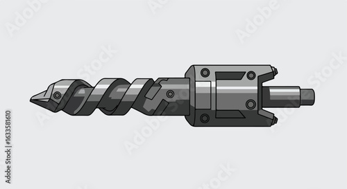 Gray drill bit, spiraling tip, machine fitting, tool against a gray backdrop