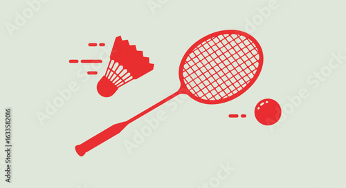 Red badminton racket, shuttlecock, and ball on light background, motion trails