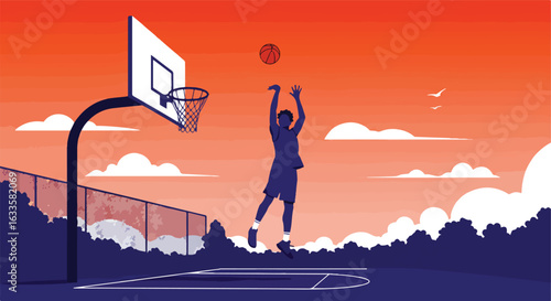 Basketball player shoots ball at sunset