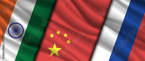 Vector wavy national flags of Republic of India, Peoples Republic of China and Russian Federation. Friendly relations between countries. Political economic banner
