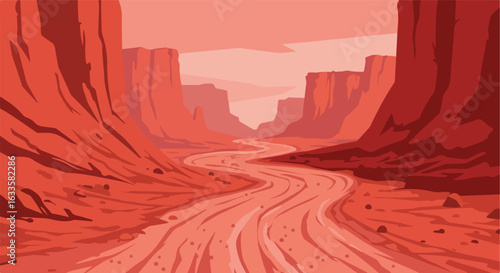 Red canyon landscape with winding river, flat vector illustration