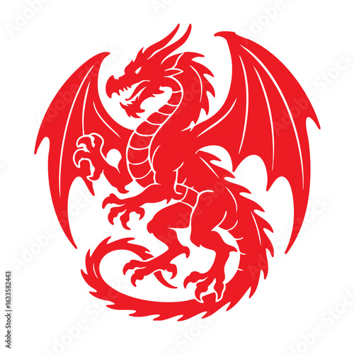 A fierce red dragon emblem symbolizing power and mythical strength.