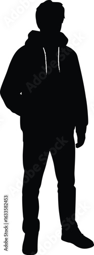 Silhouette of a person wearing a hooded jacket and pants