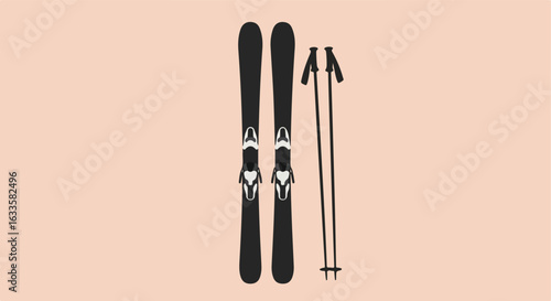 Two black skis and poles stand on a pink background