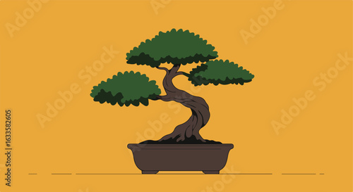A single cartoon bonsai tree on an amber colored background