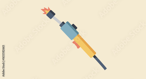 Cartoon blowtorch with a flame, blue and yellow, on a light beige background