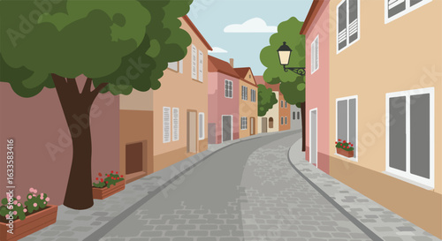 Cartoon street scene with colorful buildings, trees, and a cobblestone road