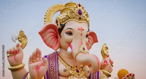 Close up of lord ganesha statue with golden crown and jewelry against a light blue and orange sky background