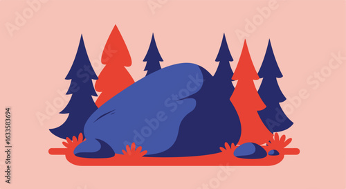 Stylized scene with a boulder and trees, in red and blue tones