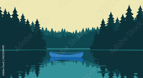 Flat illustration of a canoe in a calm lake surrounded by evergreen trees