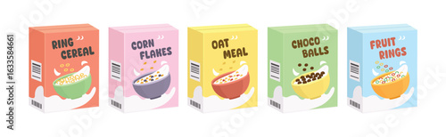 Collection of cereal box. Set of different cereal box. Supermarket product. Cereal packaging. Cereals cardboard product. Food packaging mockup. Cereal box label design.