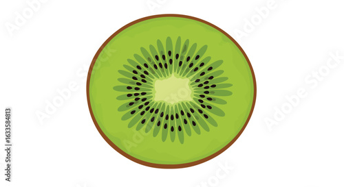 Sliced kiwi shows green flesh, black seeds, & light core within a brown skin