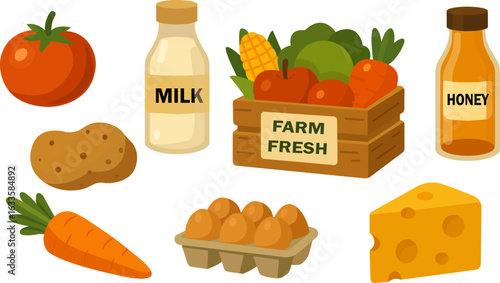 Vector set of fresh farm products. Includes vegetables, milk, honey, cheese, eggs, and crate labeled “Farm Fresh.”